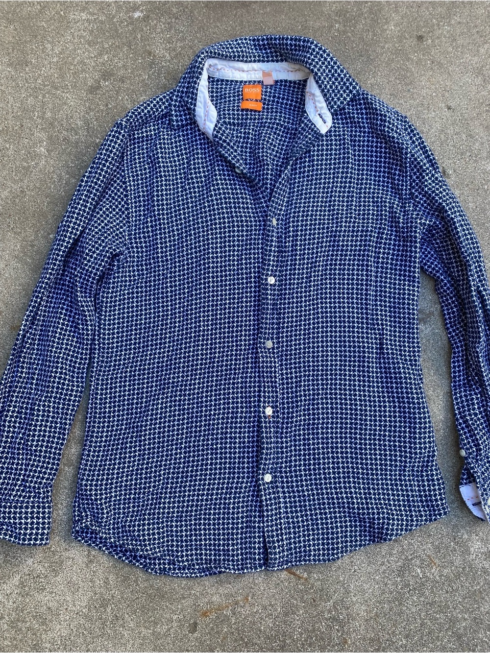 Hugo Boss Orange Label Blue White Geometric Micro Print Shirt Long Sleeve Large